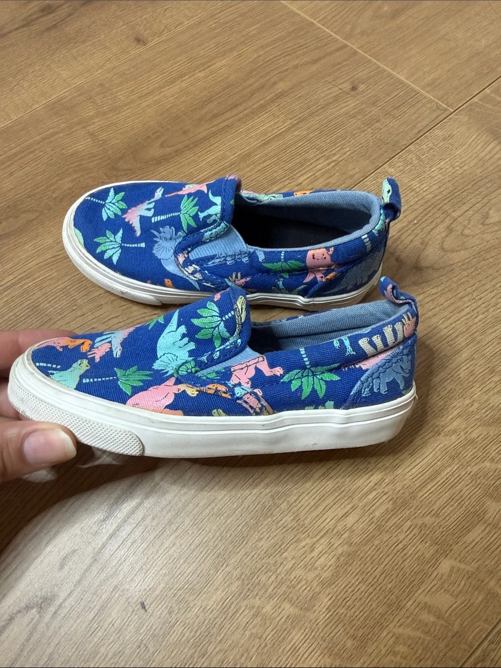Old Navy Blue Slip-On Sneakers with Pink & Green Dinosaur Print